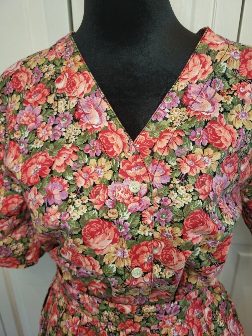 Vintage 80s Herman Geist Pink Rose Floral Cotton Skirt Blouse 10 Cottage Preppy - Picture 8 of 12